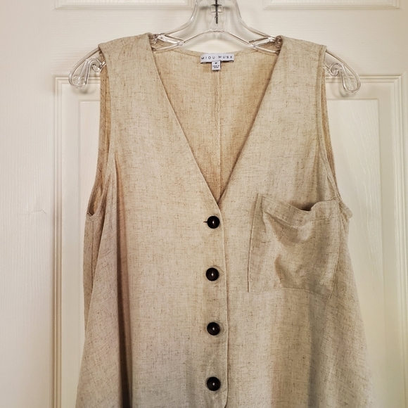 Miou Muse Sleeveless Linen Blend Romper Button Front Loose Fit Pocket Medium Tan - Picture 2 of 11